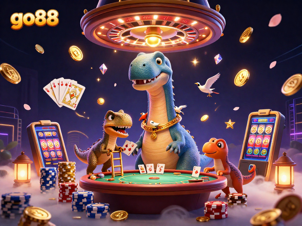 Engage with go88's vibrant casino scene featuring a playful brontosaurus and clever raptor dealers.