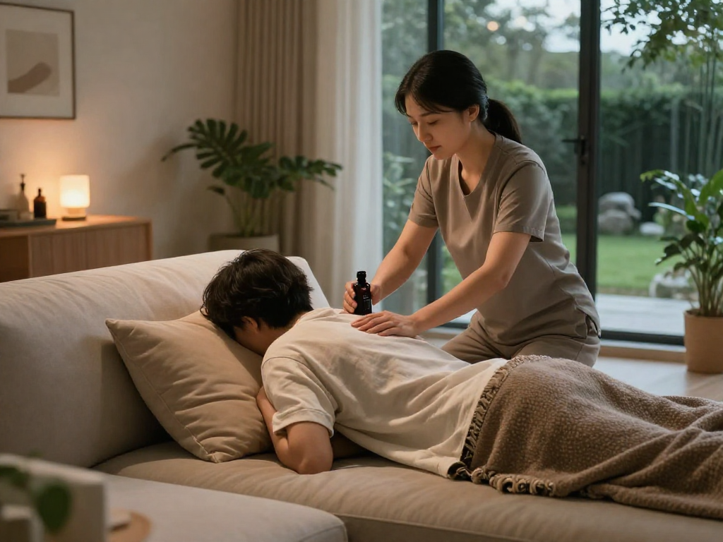 파주출장안마 service at home, professional therapist providing a soothing massage in a cozy living room setting.
