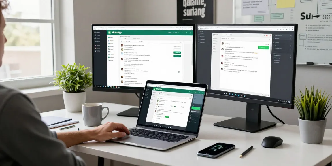 Using WhatsApp網頁版 on a laptop at a modern tech workspace with dual monitors and productive elements.