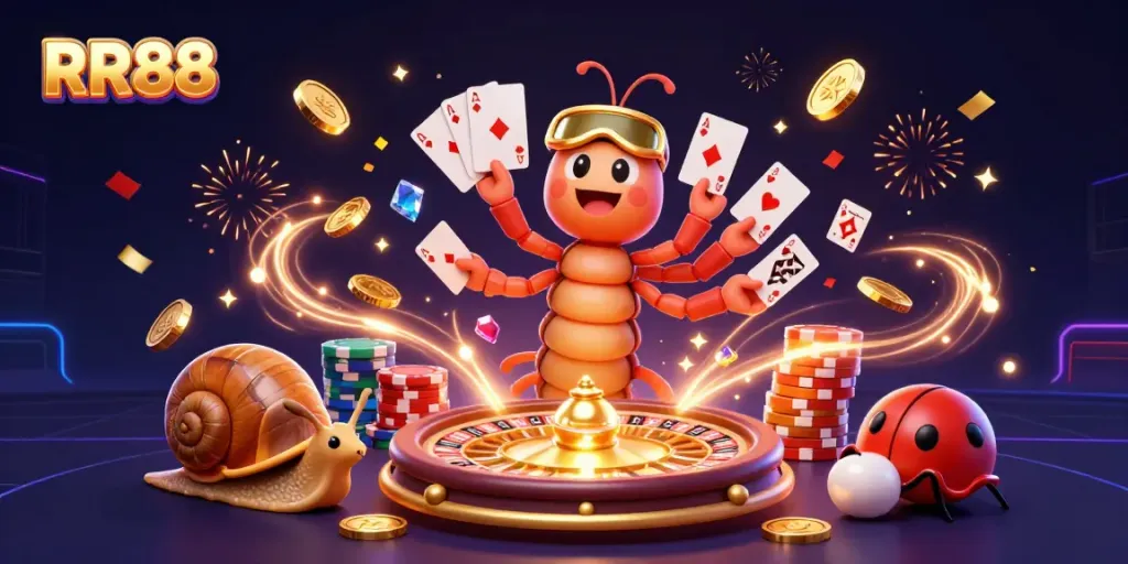 RR88 showcases an energetic casino scene with a colorful millipede dealer and high-roller snail amidst cascading coins.