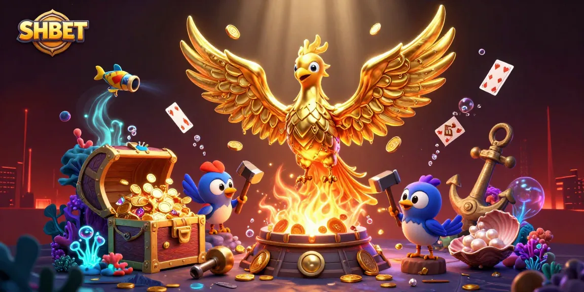 Experience SHBET's vibrant casino action with golden phoenix and underwater treasures in 3D illustration.
