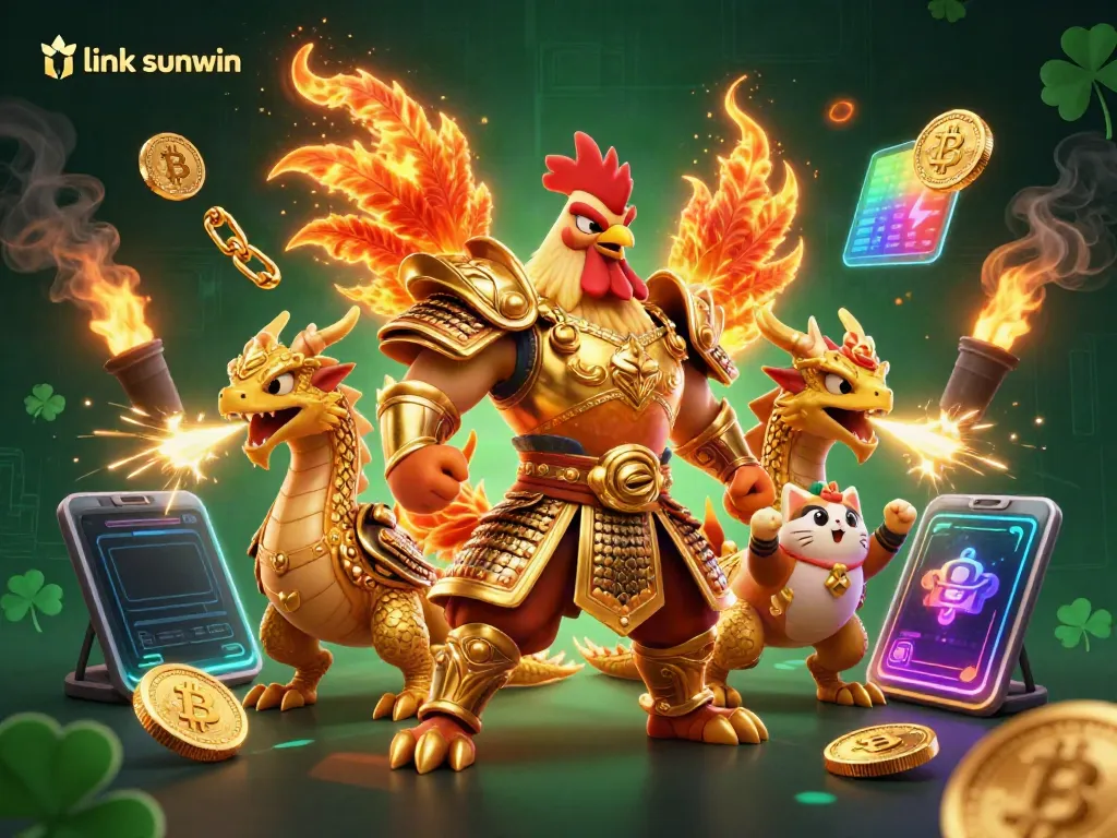Experience link sunwin with a vibrant 3D illustration featuring characters from casino games and crypto elements.