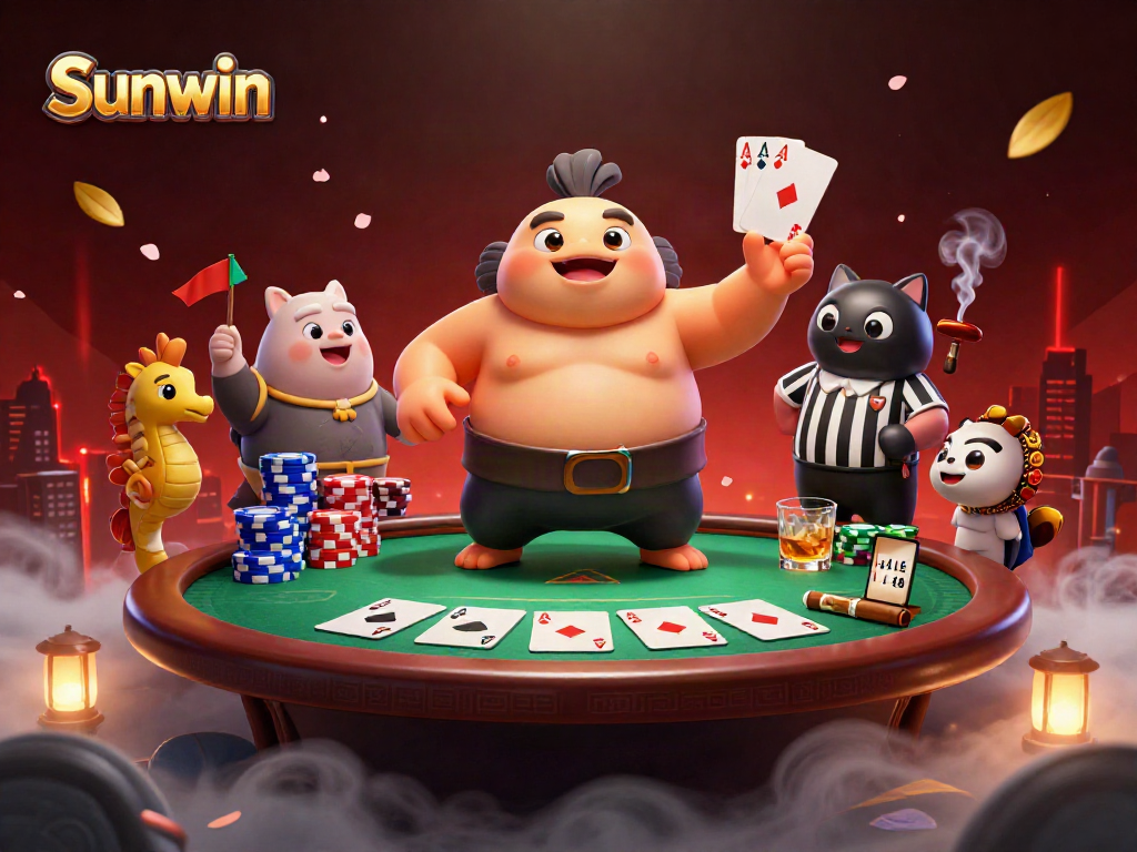 Engage in exciting poker gameplay at Sunwin with dynamic cartoon action featuring colorful casino elements.