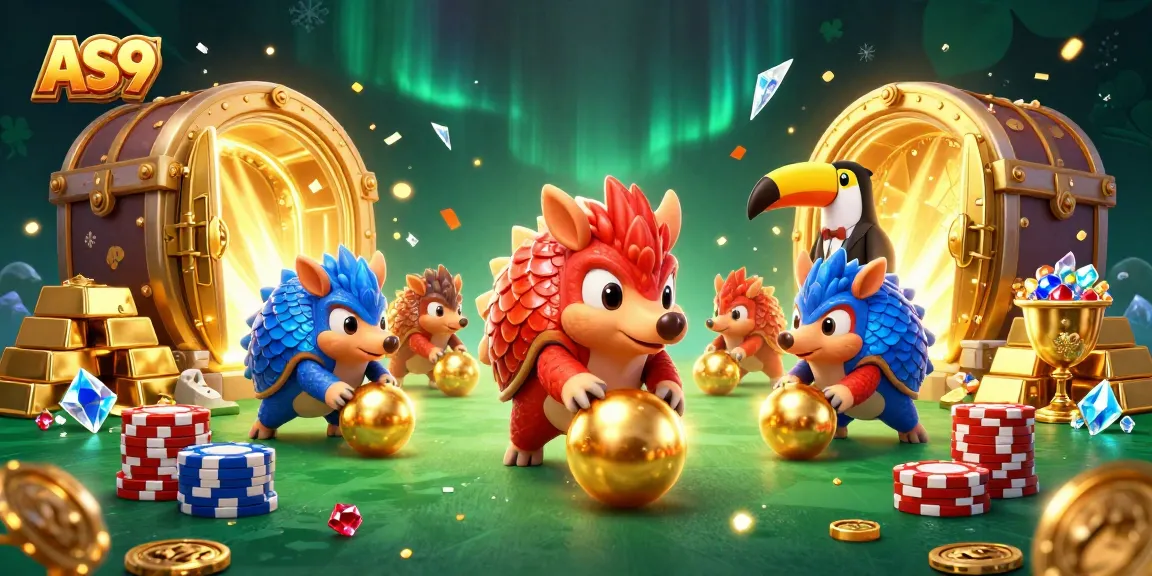 Engage in fun gameplay with AS9 as two colorful pangolins roll golden balls amidst dazzling casino treasures.