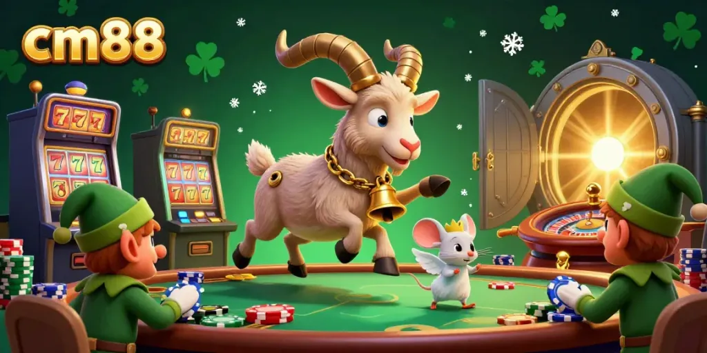 Experience cm88's thrilling casino scene featuring a Krampus goat managing chaos with poker chips and festive elements.