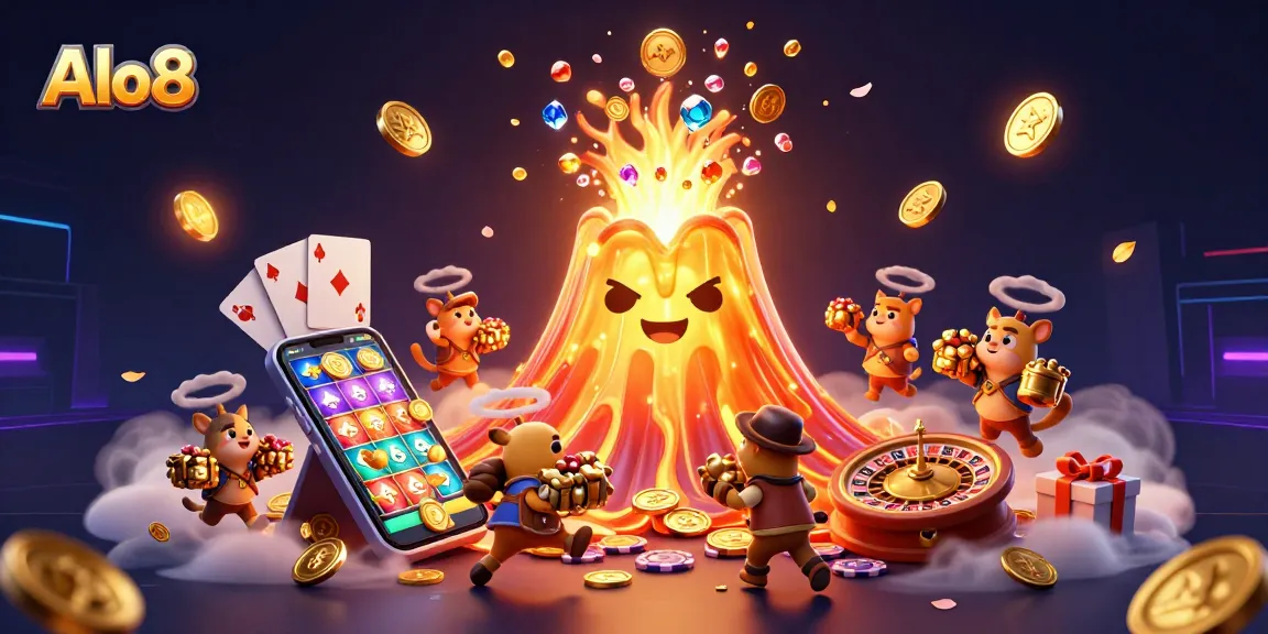 Alo8 offers an engaging online gaming experience with a golden volcano and treasure characters.