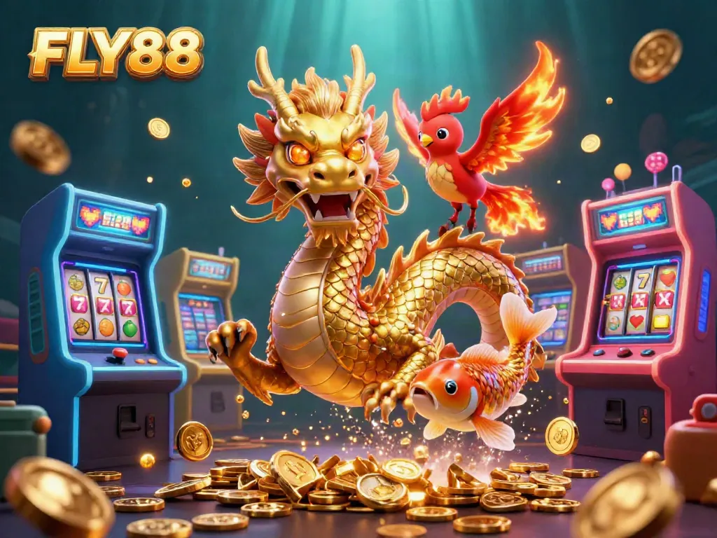 FLY88's dazzling 3D illustration features a fierce dragon, phoenix, and koi fish among slot machines.
