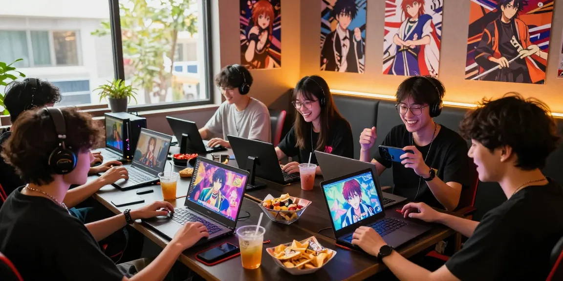 Group enjoying ecchi games on laptops and tablets in a vibrant gaming lounge.