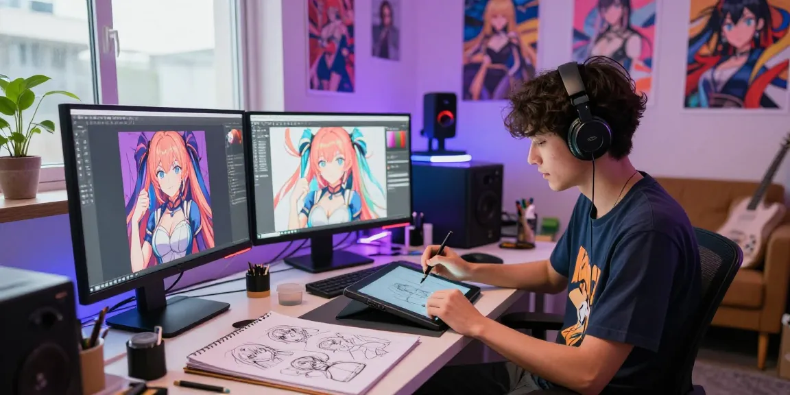 AI ecchi artist creating vibrant characters in a creative digital art studio