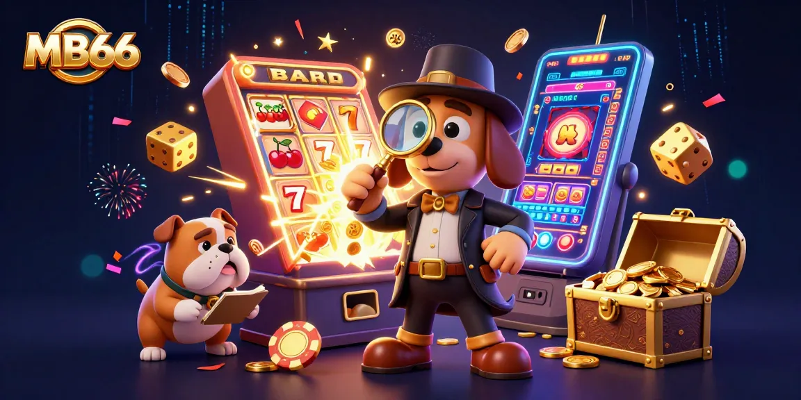 MB66 showcases a dynamic casino scene with a detective dog exploring jackpot clues among vibrant game elements.