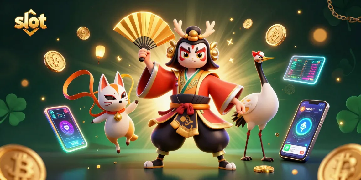 Experience thrilling slot action with 3D kabuki warrior and crypto elements in this vibrant casino scene.