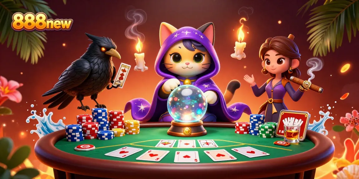 Experience thrilling gameplay with 888new's vibrant illustration of casino fortune teller characters.