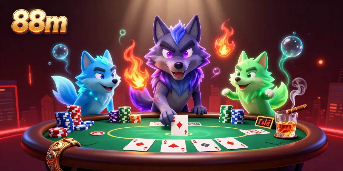 Engage in thrilling gameplay at 88m, witnessing epic poker moments with spectral wolves and vivid casino elements.