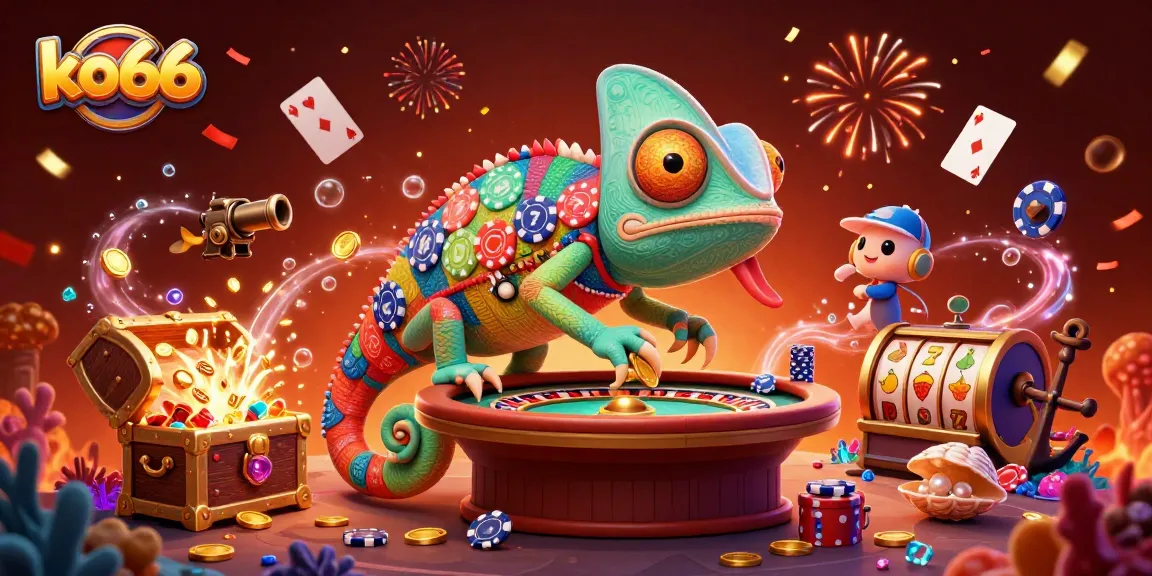 Engage with ko66 at this vibrant 3D casino scene featuring a colorful chameleon and dynamic game elements.