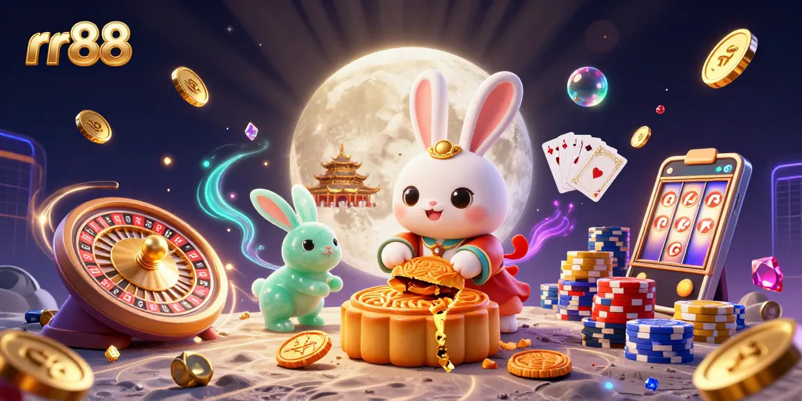 rr88 features a vibrant 3D illustration of a moon rabbit winning at the casino amidst cascading coins.
