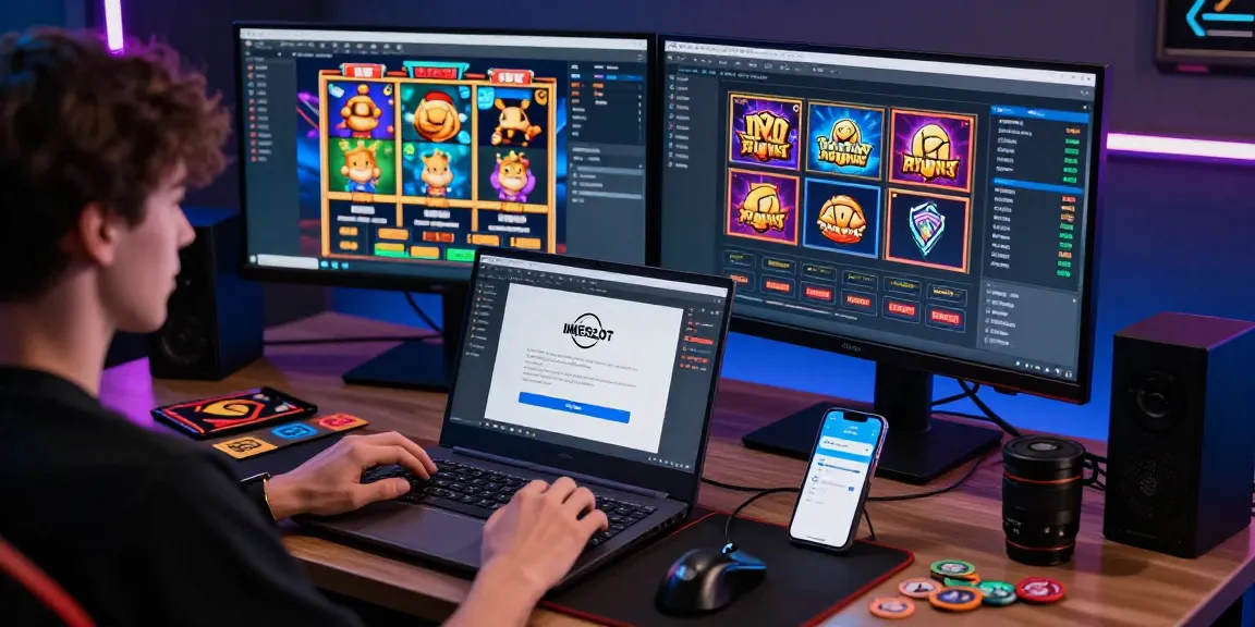 IMEISLOT TECH platform dengan pengguna yang berinteraksi di komputer dan ponsel, menggambarkan suasana permainan slot online.