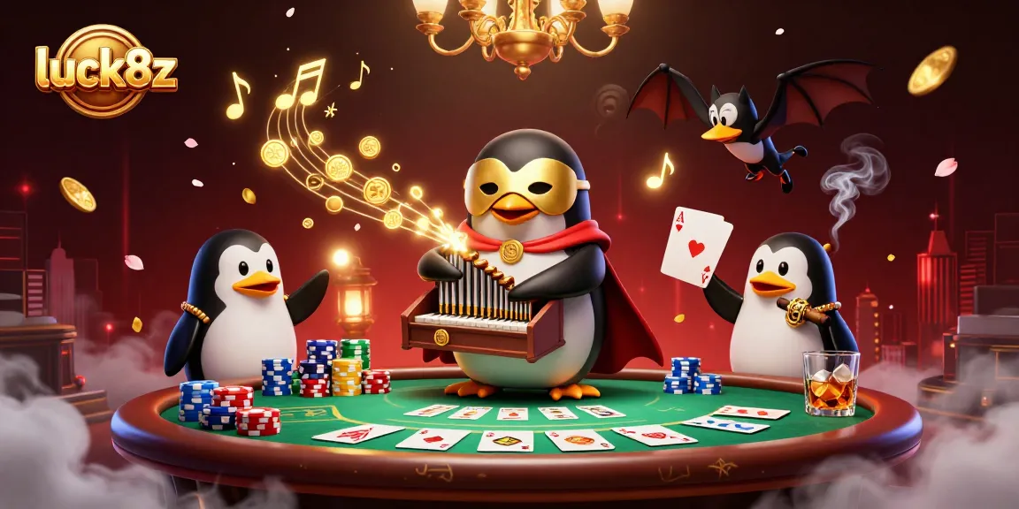 Engage with luck8z as the penguin plays a golden organ amidst coins and casino elements.