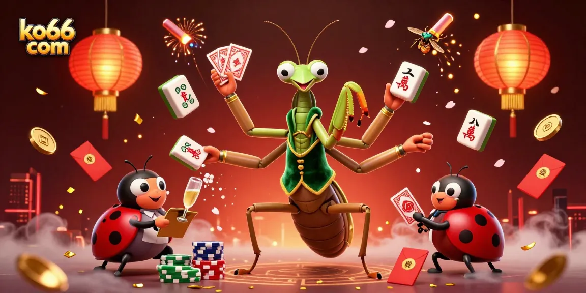 Spark excitement at ko66 com with a vibrant casino scene featuring a mantis card sharp and lively game elements.