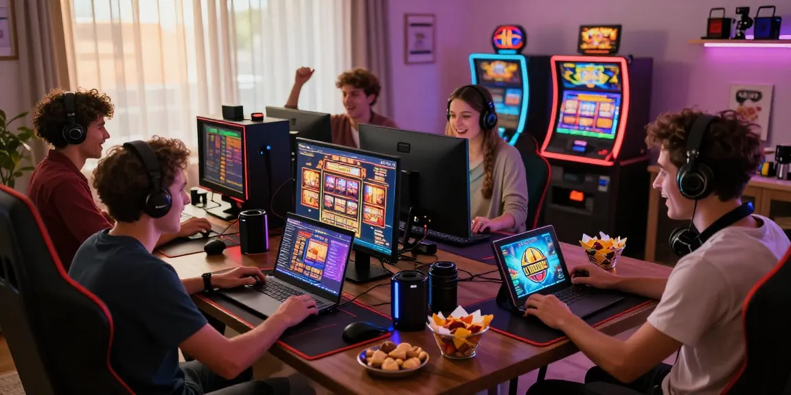 Engaged gamers celebrating big wins on slot gacor machines in a vibrant home setting.