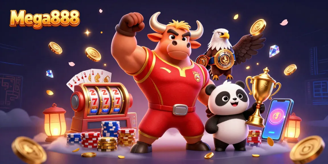Mega888 meraih kemenangan dengan simbol jackpot dan karakter gembira dalam kasino dalam talian